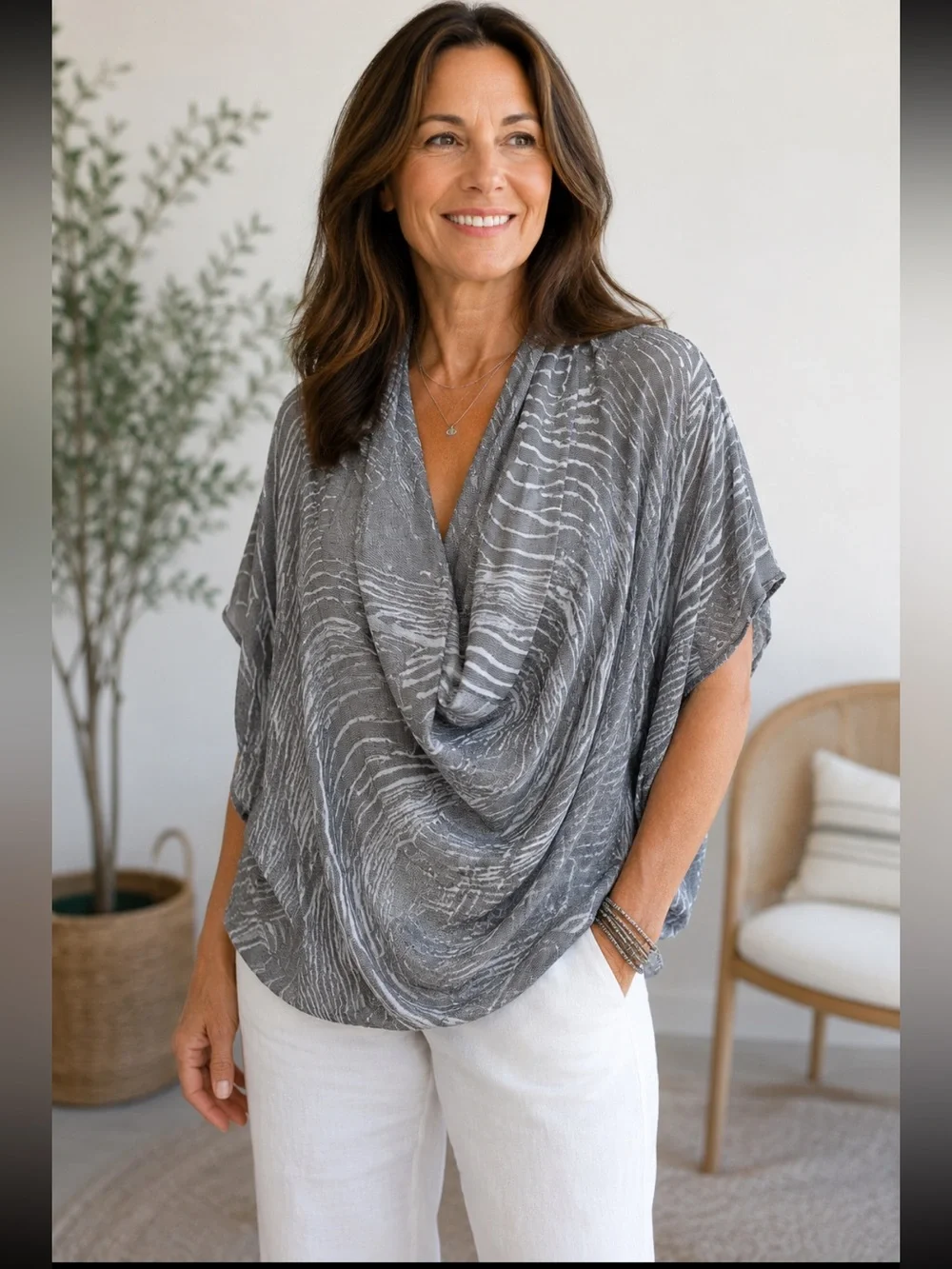 Lafayette 148 Gray Draped Knit Abstract Stripe Oversized Poncho Top NWT‎ M-XL